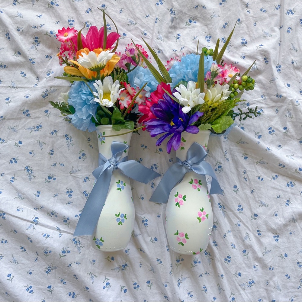 (2) Floral Painted Vases with Colorful Faux Flowers